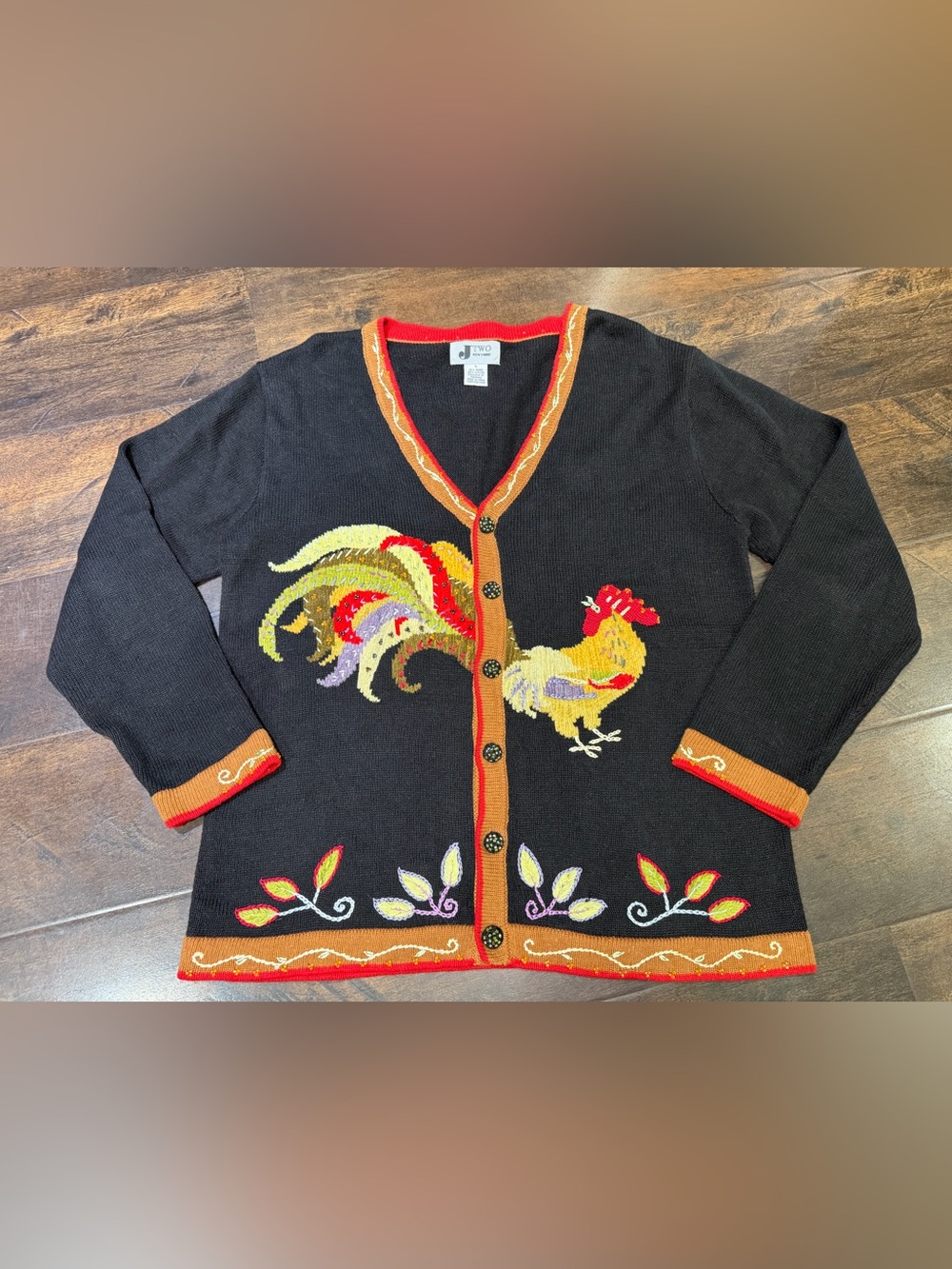 Black Rooster Embroidered Cardigan Sweater
